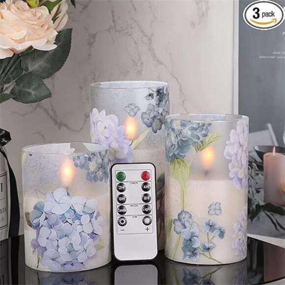Hydrangea Glass Flameless Candles with Remote Timer Battery Operated LED Candle - Picture 7 of 7